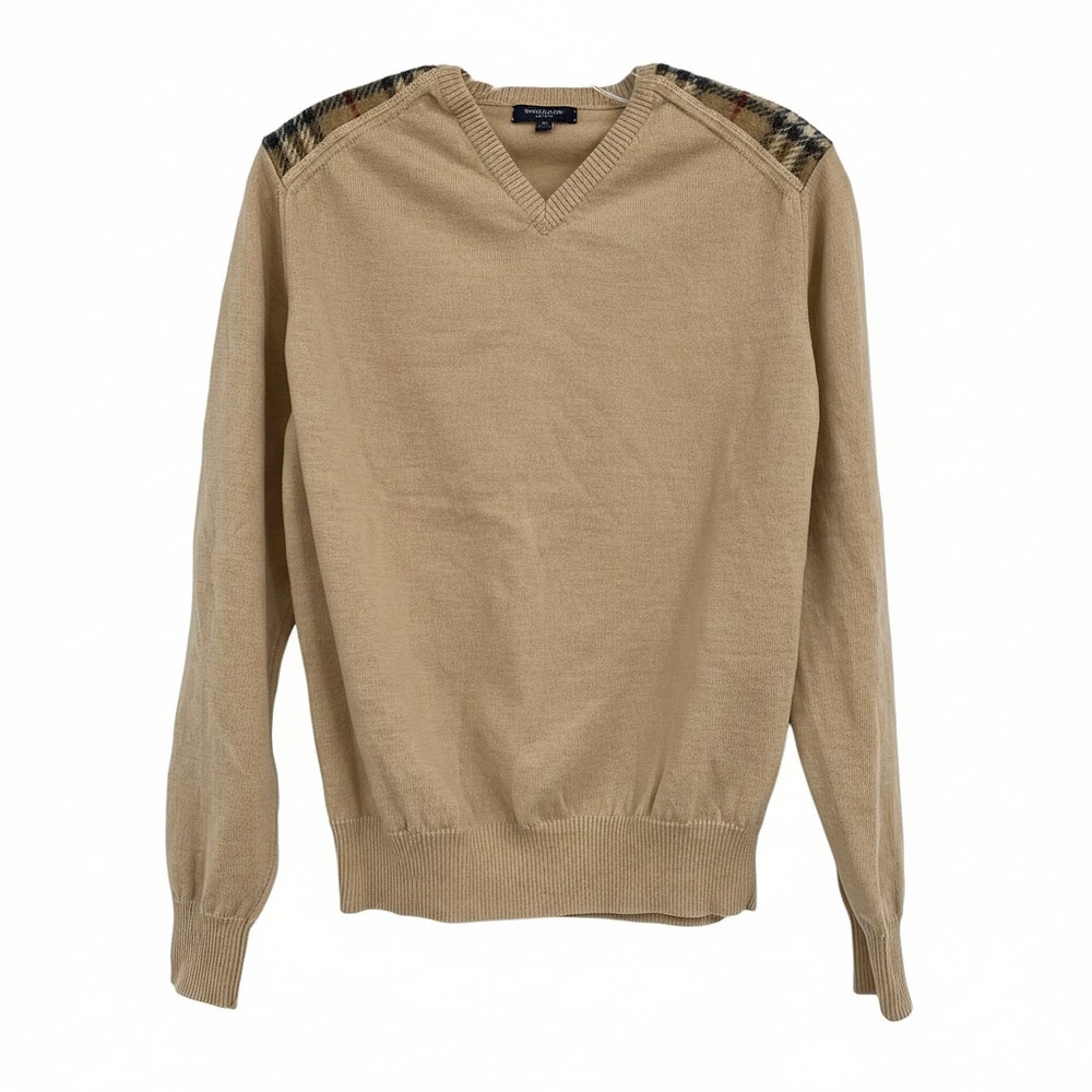 Burberry Tan Nova Plaid Shoulder Merino Wool V-Neck Sweater | Women’s M